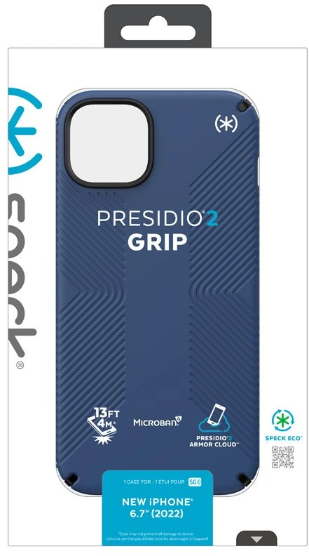 Speck Presidio2 Grip - dėklas skirtas Apple iPhone 15 Plus / 14 Plus su MICROBAN coating Coastal Mėlyna / Juodas / Baltas