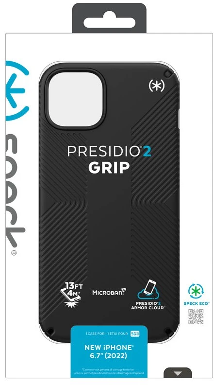 Speck Presidio2 Grip - dėklas skirtas Apple iPhone 15 Plus / 14 Plus su MICROBAN coating Juodas / Juodas / Baltas