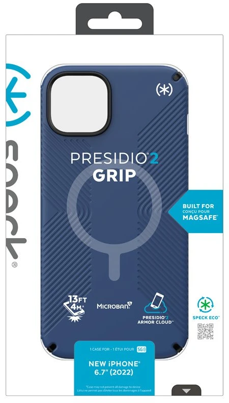 Speck Presidio2 Grip + MagSafe - dėklas skirtas Apple iPhone 14 Plus su MICROBAN coating Coastal Mėlyna / Juodas / Baltas