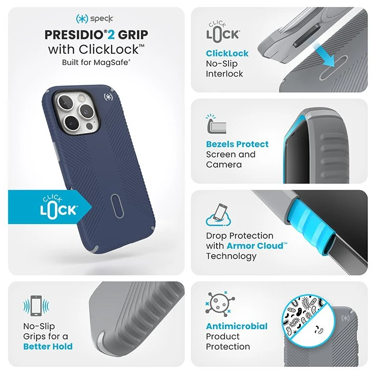 Dėklas Speck Presidio2 Grip ClickLock & MagSafe do iPhone 16 Pro tamsiai mėlyna