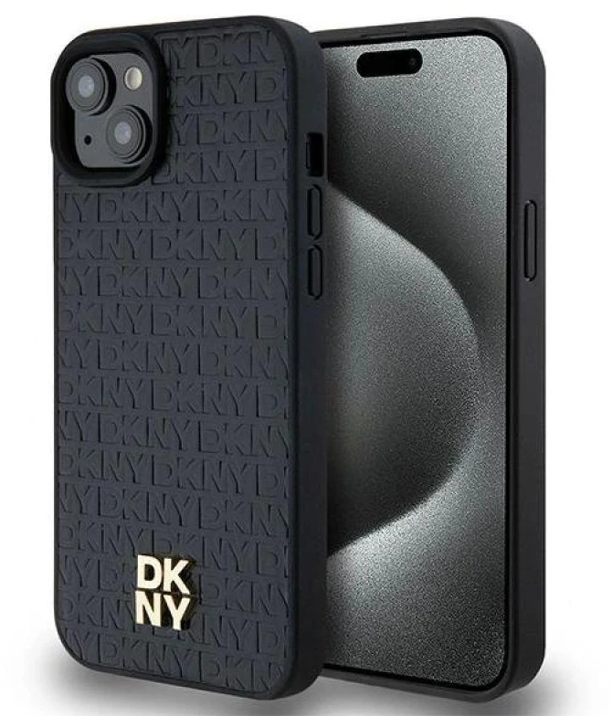 Apple iPhone 13 / 14 / 15 DKNY odinis dėklas Pattern Metal Logo MagSafe (DKHMP15SPSHRPSK) juodos spalvos