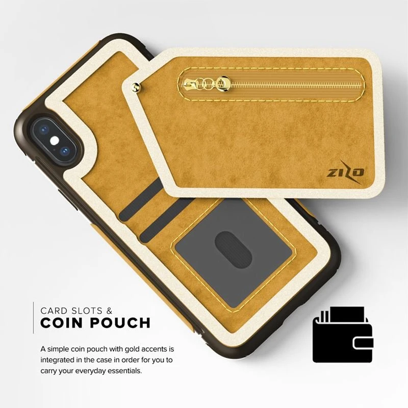 Zizo Nebula Wallet Case - Wallet Back and Zipper Pouch with Apsauginis stiklas Screen Protector skirtas Apple iPhone X (šviesiai rudas/Brown)