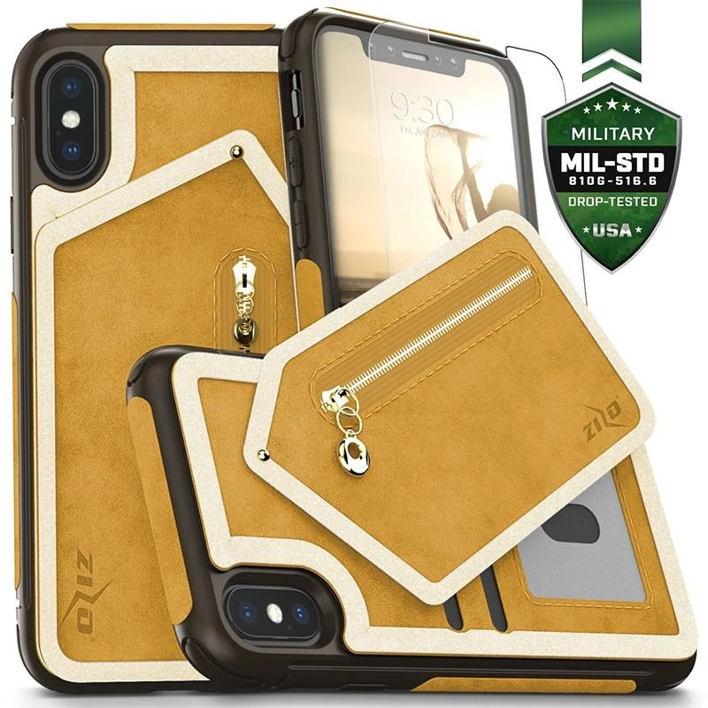 Zizo Nebula Wallet Case - Wallet Back and Zipper Pouch with Apsauginis stiklas Screen Protector skirtas Apple iPhone X (šviesiai rudas/Brown)
