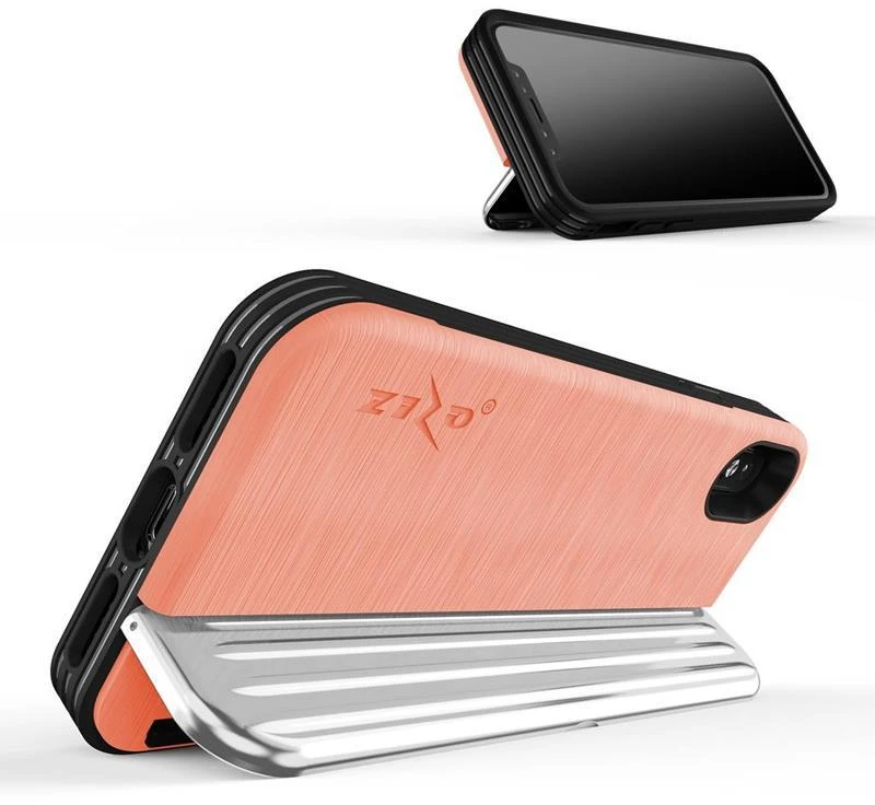 Dėklas Zizo Retro Series - Wallet Back with Magnetic Closure and Built-In Kickstand for iPhone Xs / X Peach/Sidabrinis