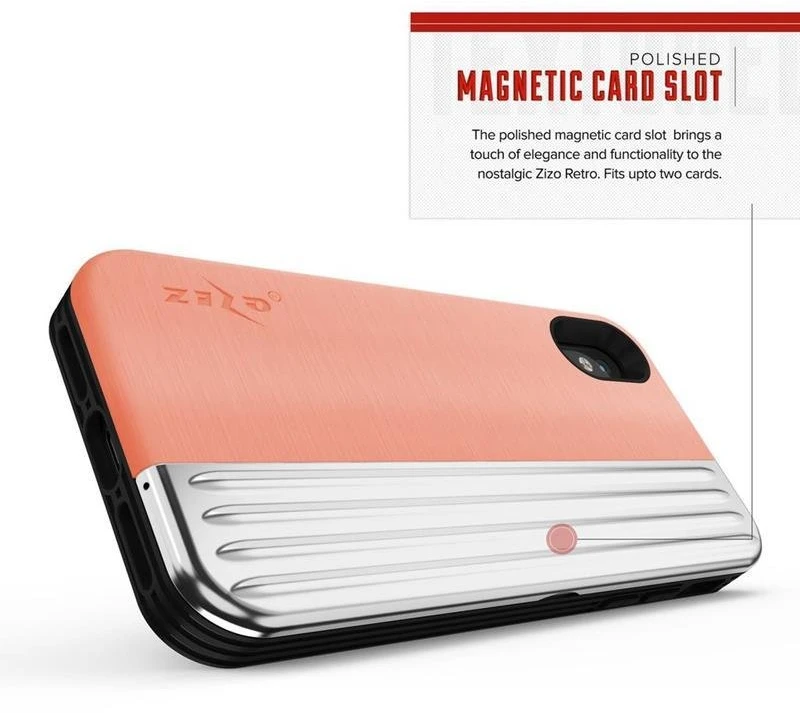 Dėklas Zizo Retro Series - Wallet Back with Magnetic Closure and Built-In Kickstand for iPhone Xs / X Peach/Sidabrinis