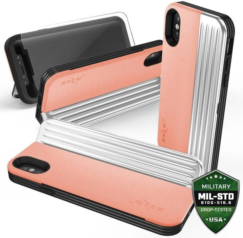 Dėklas Zizo Retro Series - Wallet Back with Magnetic Closure and Built-In Kickstand for iPhone Xs / X Peach/Sidabrinis