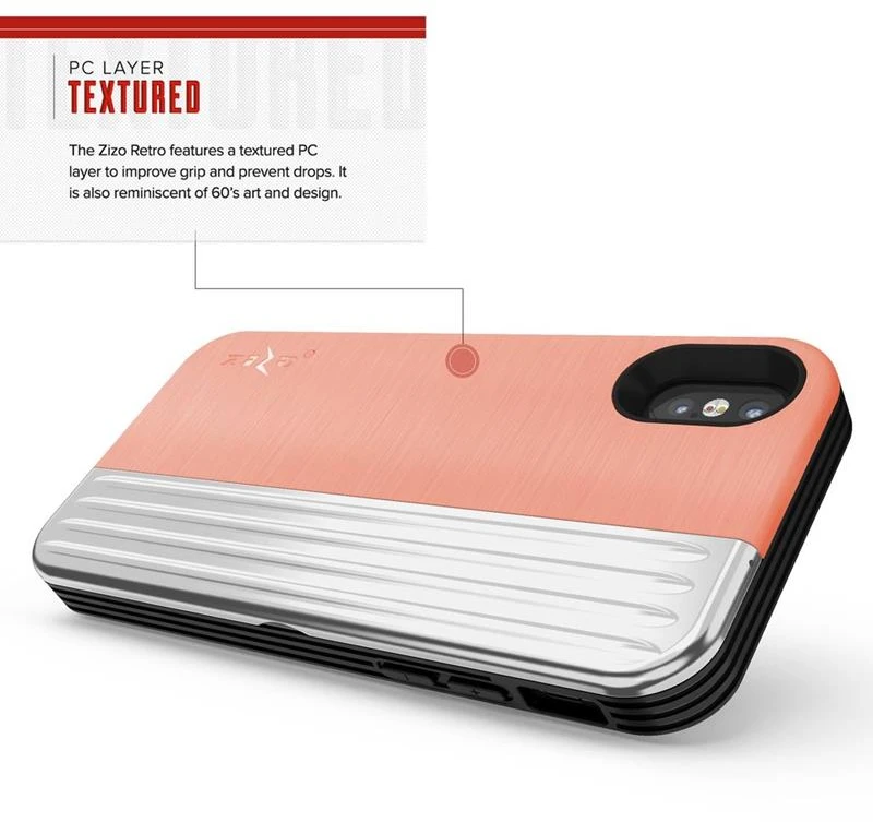Dėklas Zizo Retro Series - Wallet Back with Magnetic Closure and Built-In Kickstand for iPhone Xs / X Peach/Sidabrinis
