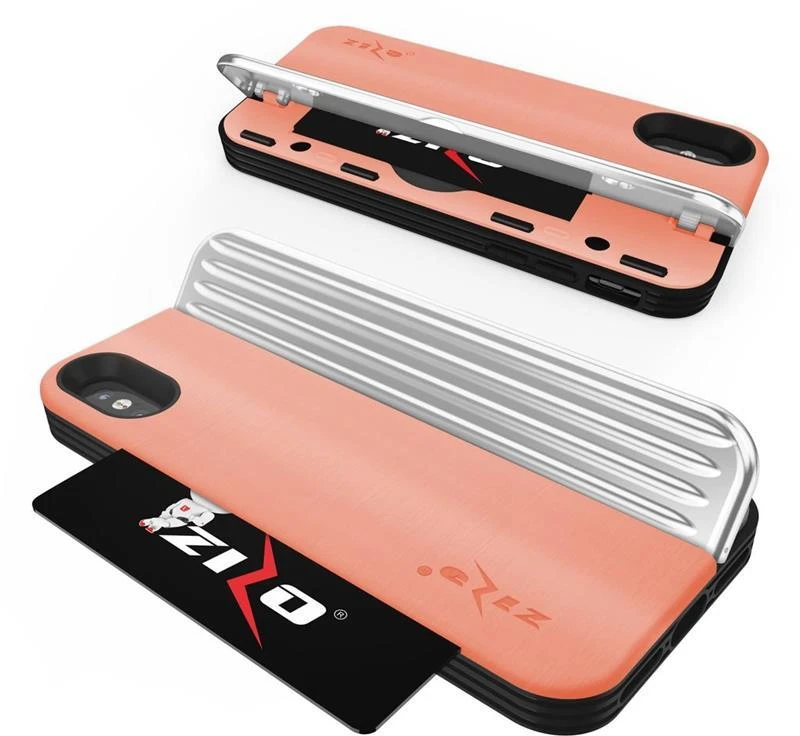 Dėklas Zizo Retro Series - Wallet Back with Magnetic Closure and Built-In Kickstand for iPhone Xs / X Peach/Sidabrinis