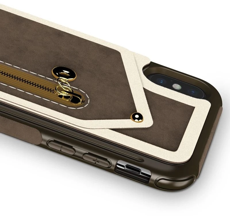 Zizo Nebula Wallet Case - Wallet Back and Zipper Pouch with Tempered Glass Screen Protector for Apple iPhone X Dark Brown/Brown
