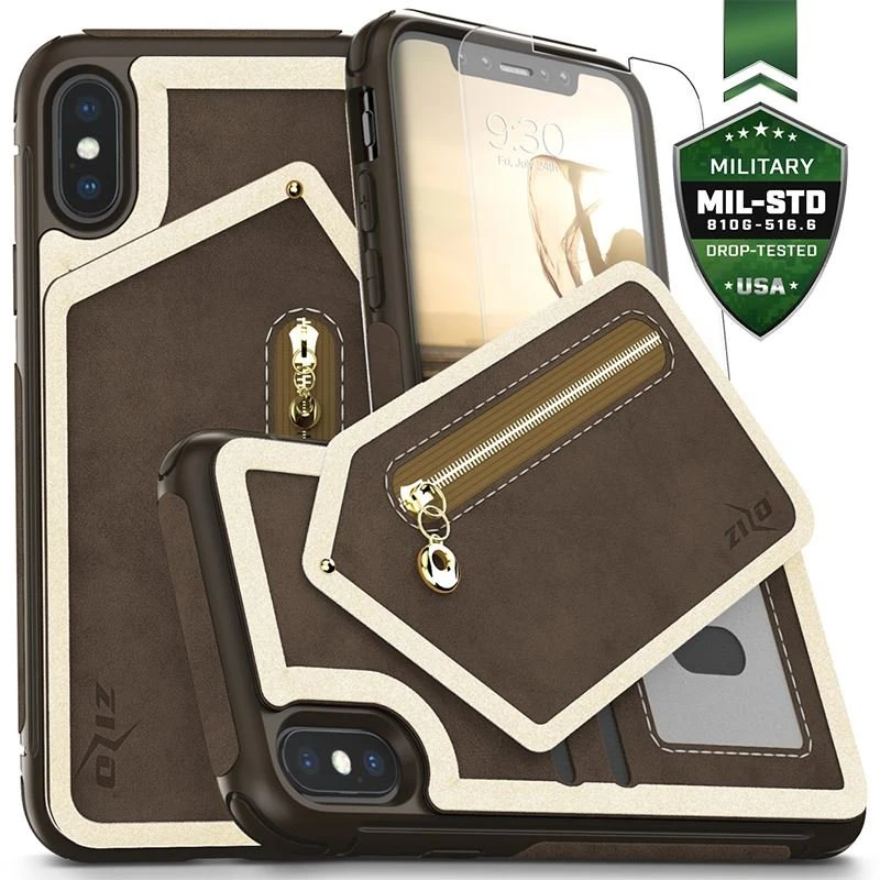Zizo Nebula Wallet Case - Wallet Back and Zipper Pouch with Tempered Glass Screen Protector for Apple iPhone X Dark Brown/Brown
