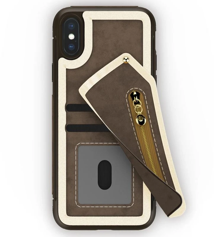 Zizo Nebula Wallet Case - Wallet Back and Zipper Pouch with Tempered Glass Screen Protector for Apple iPhone X Dark Brown/Brown