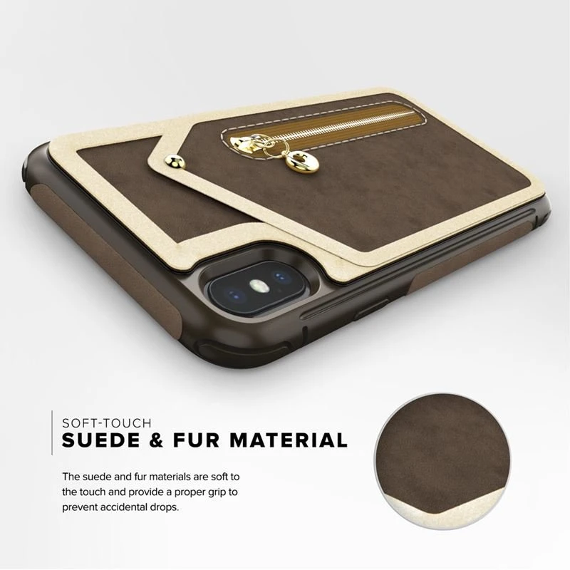 Zizo Nebula Wallet Case - Wallet Back and Zipper Pouch with Tempered Glass Screen Protector for Apple iPhone X Dark Brown/Brown