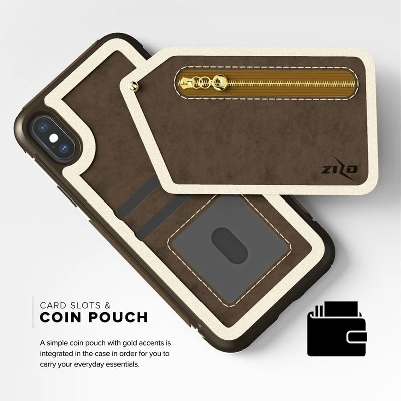 Zizo Nebula Wallet Case - Wallet Back and Zipper Pouch with Tempered Glass Screen Protector for Apple iPhone X Dark Brown/Brown