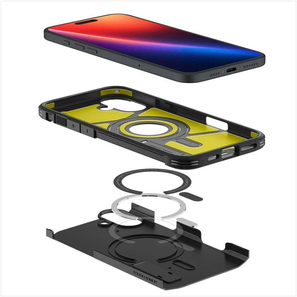 Spigen Tough Armor MagSafe su stoveliu Apple iPhone 16 – dėklas telefonui juodos spalvos
