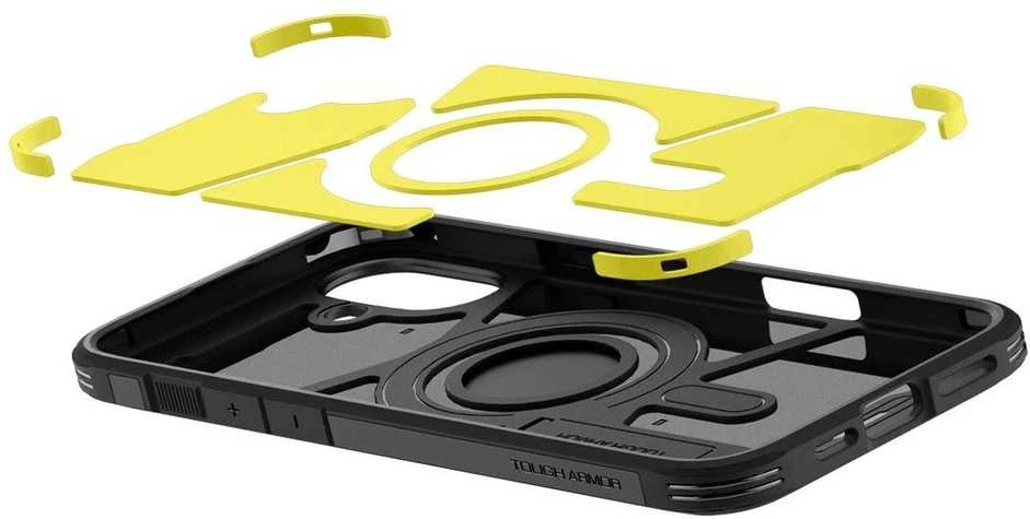 Spigen Tough Armor MagSafe su stoveliu Apple iPhone 16 – dėklas telefonui juodos spalvos
