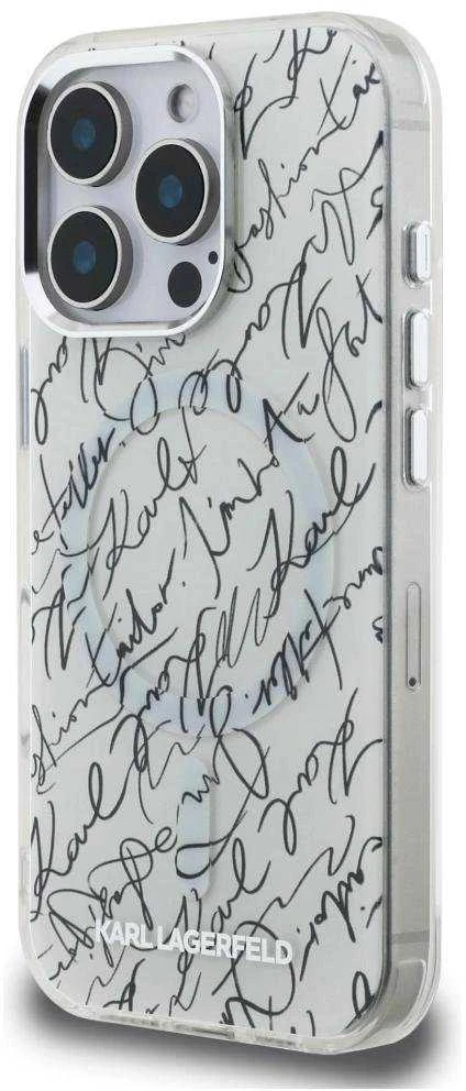 Dėklas Karl Lagerfeld IML Karl Script Pattern MagSafe Apple iPhone 16 Pro Max baltos spalvos