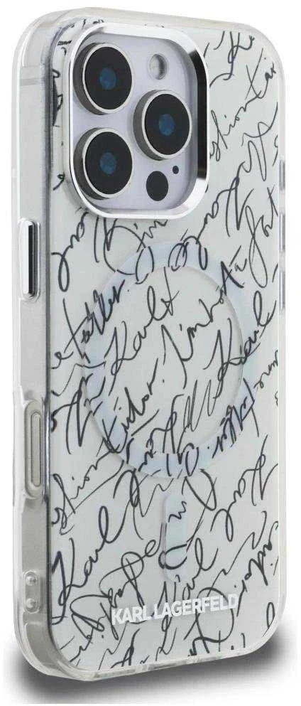Dėklas Karl Lagerfeld IML Karl Script Pattern MagSafe Apple iPhone 16 Pro baltos spalvos