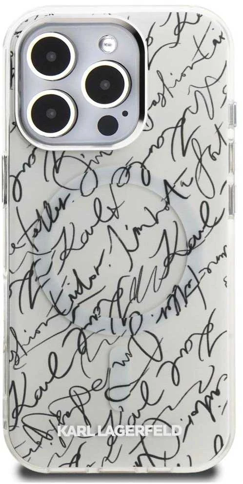 Dėklas Karl Lagerfeld IML Karl Script Pattern MagSafe Apple iPhone 16 Pro baltos spalvos