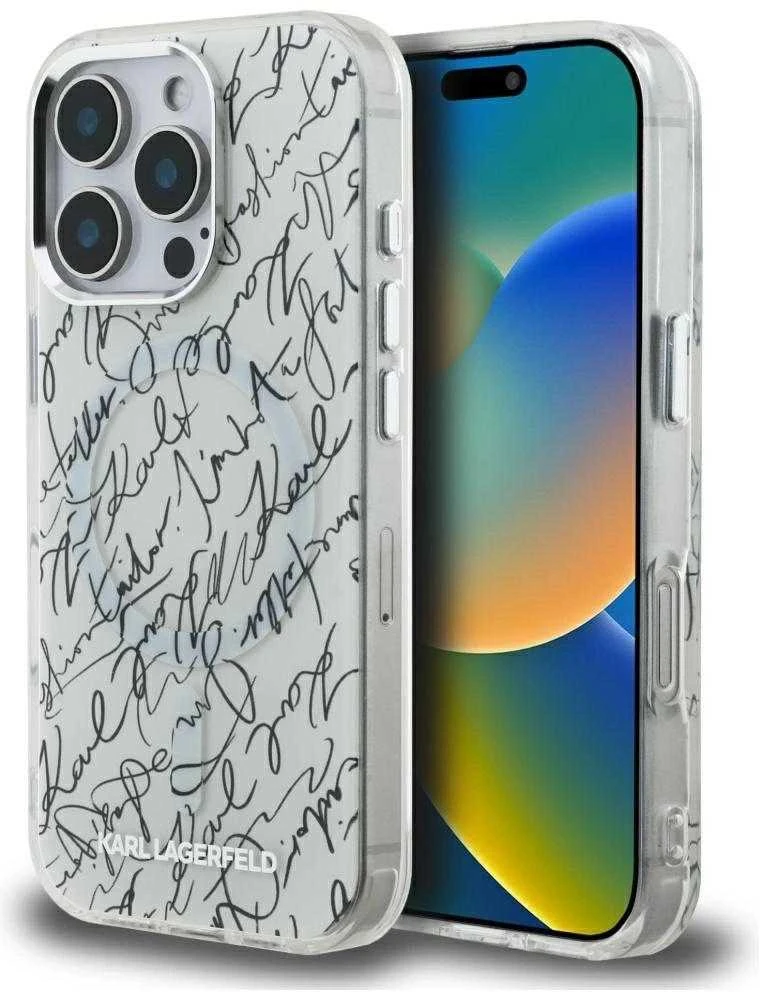 Dėklas Karl Lagerfeld IML Karl Script Pattern MagSafe Apple iPhone 16 Pro baltos spalvos