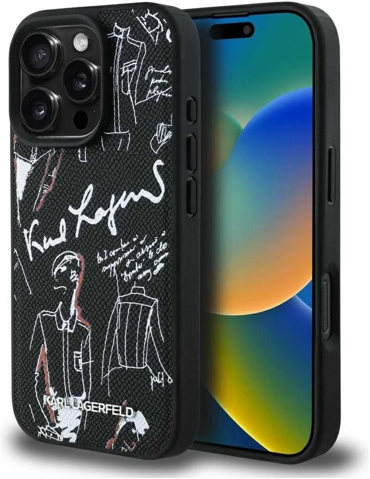 „Karl Lagerfeld“ grūdėto rašto ir logotipo „MagSafe“ dėklas, skirtas „iPhone 16 Pro Max“ – Juodas