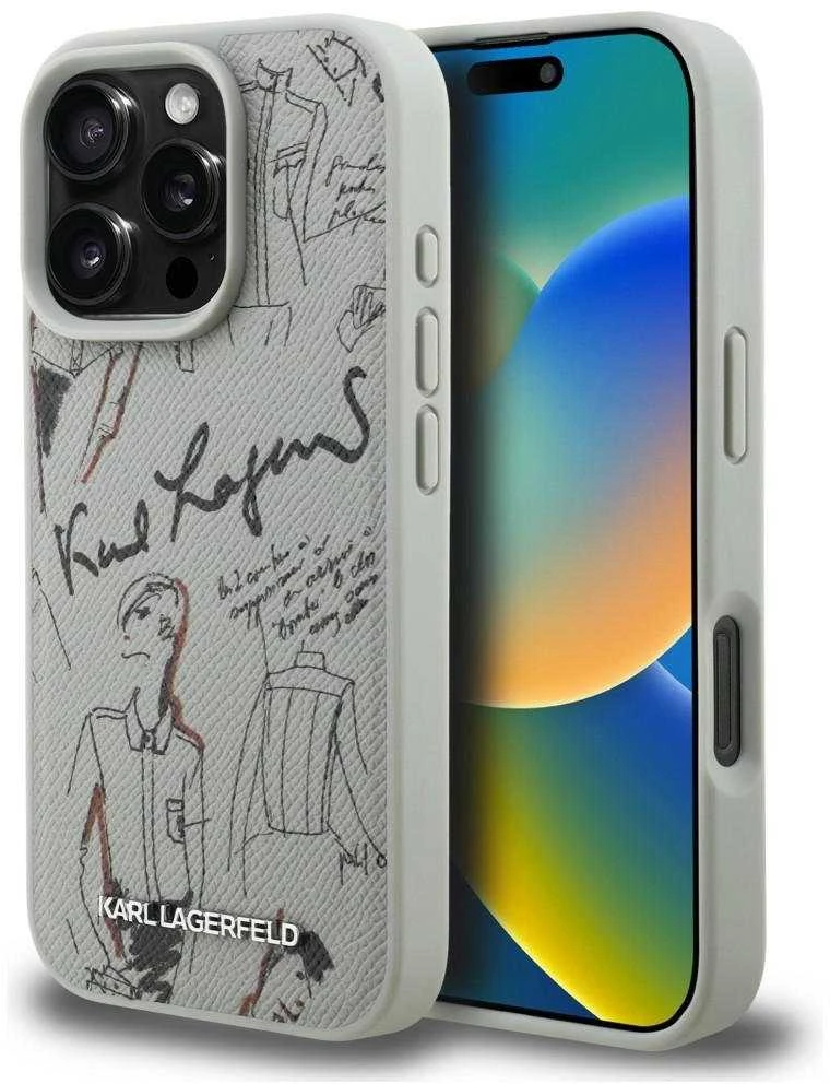 „Karl Lagerfeld“ grūdėto rašto ir logotipo „MagSafe“ dėklas, skirtas „iPhone 16 Pro Max“ – pilkas