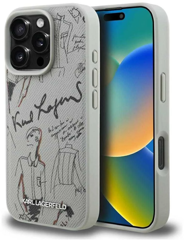 „Karl Lagerfeld“ grūdėto rašto ir logotipo „MagSafe“ dėklas, skirtas „iPhone 16 Pro“ – pilkas