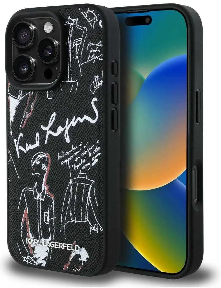 „Karl Lagerfeld“ grūdėto rašto ir logotipo „MagSafe“ dėklas, skirtas „iPhone 16 Pro“ – Juodas