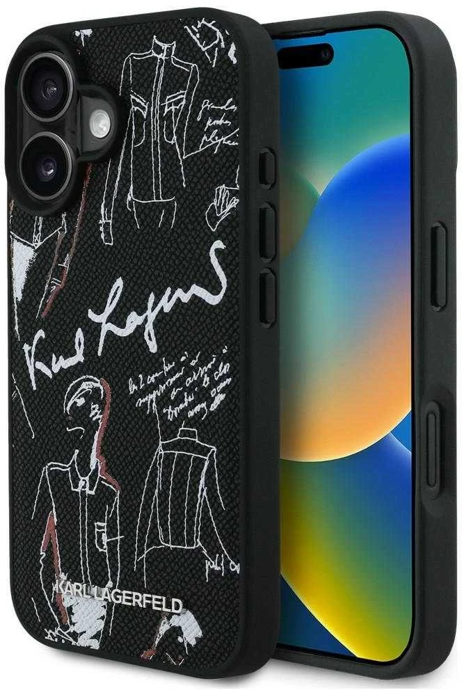 „Karl Lagerfeld“ grūdėto rašto ir logotipo „MagSafe“ dėklas, skirtas „iPhone 16“ – Juodas