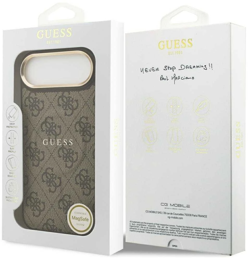 Guess PU Leather 4G Gold Frame MagSafe dėklas skirtas Apple iPhone 17 Air rudos spalvos