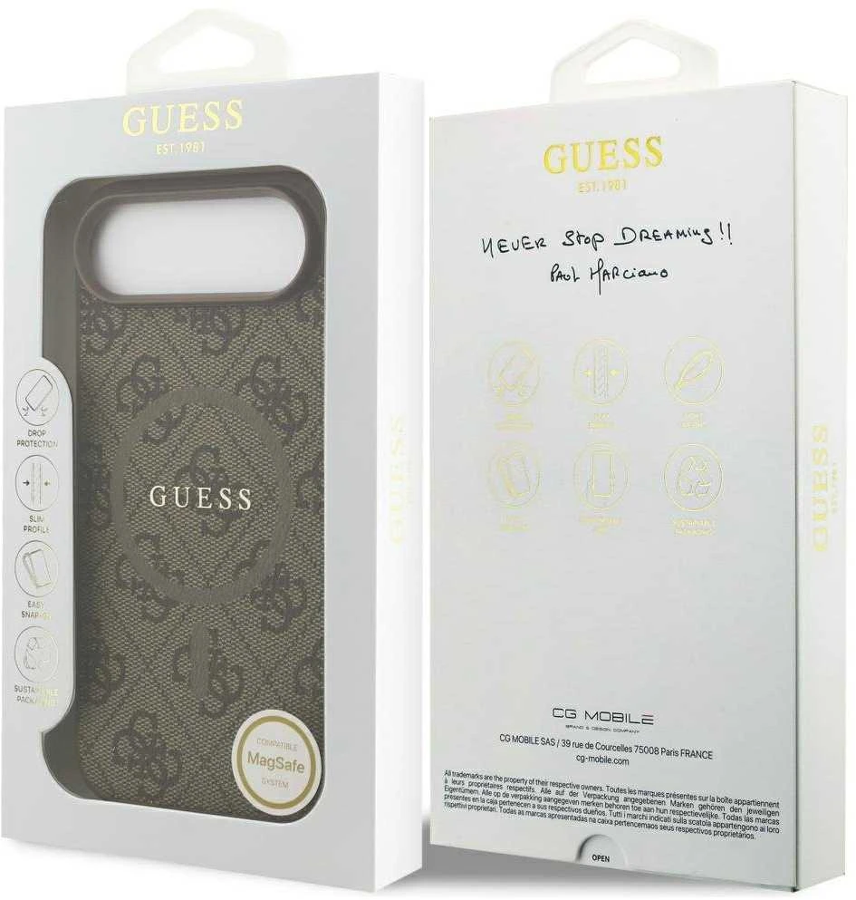 GUESS dėklas, skirtas IPHONE 17 Air, suderinamas su MagSafe GUHMP17MG4GFRW (PU 4G Ring Classic Logo) rudas