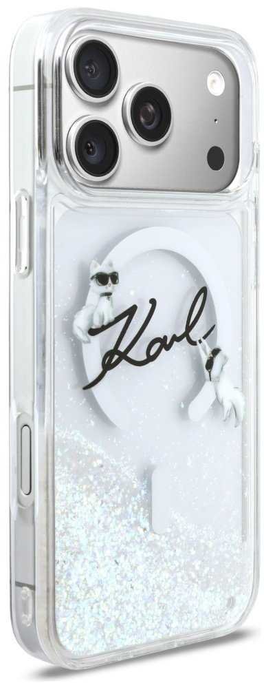 „Karl Lagerfeld“ skysto blizgučio „Karl Script“ logotipo „MagSafe“ dėklas, skirtas „iPhone 17 Pro Max“ – skaidrus