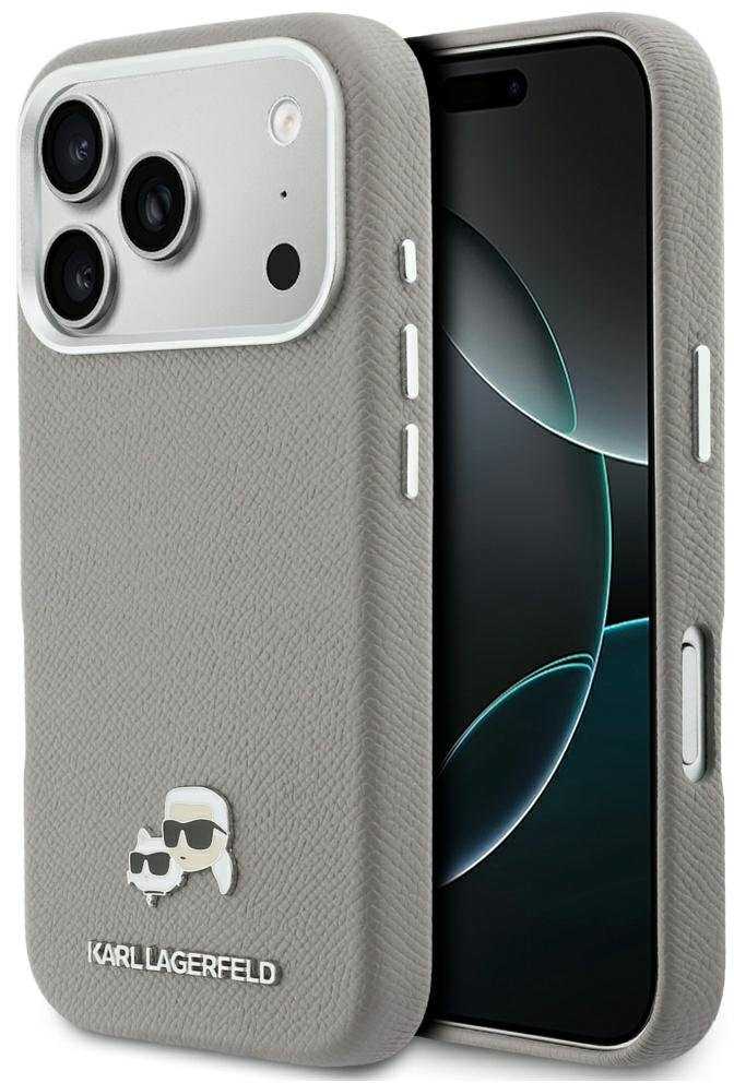 Karl Lagerfeld dėklas, skirtas IPHONE 17 Pro Max, suderinamas su MagSafe KLHMP17X6PFKCLG (PU FW W/ K&C galvutės smeigtuku), pilka
