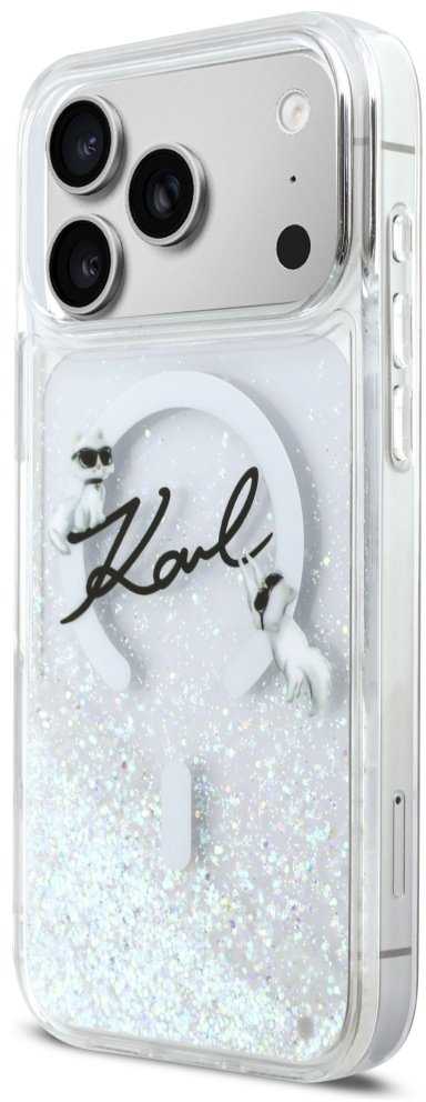 „Karl Lagerfeld“ skysto blizgučio „Karl Script“ logotipo „MagSafe“ dėklas, skirtas „iPhone 17 Pro Max“ – skaidrus