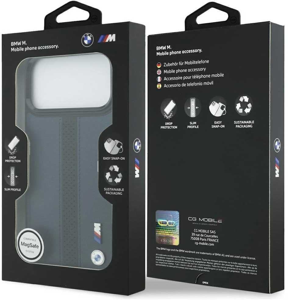 Dėklas BMW M Perforated Stripe Logo MagSafe Apple iPhone 17 Pro Max navy mėlynas