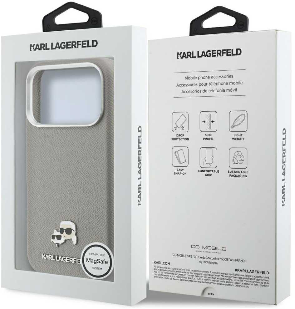 Karl Lagerfeld dėklas, skirtas IPHONE 17 Pro Max, suderinamas su MagSafe KLHMP17X6PFKCLG (PU FW W/ K&C galvutės smeigtuku), pilka