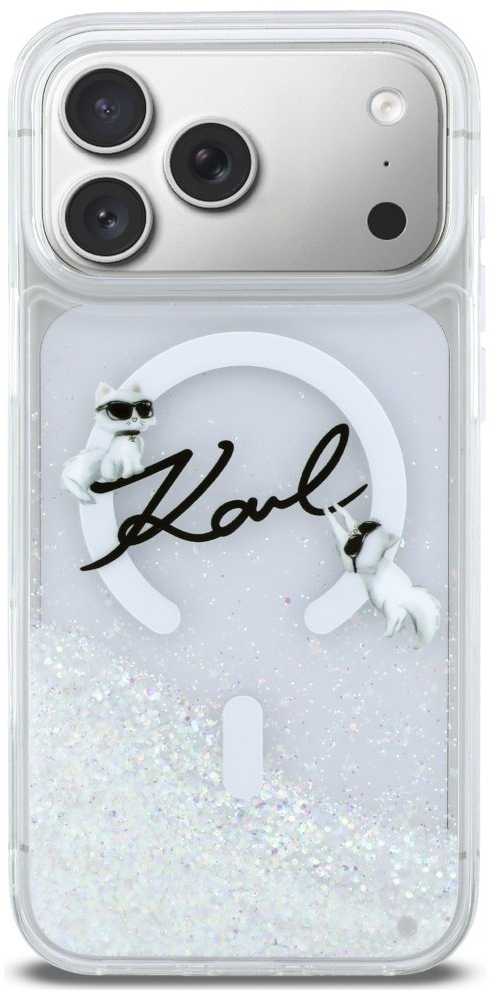 „Karl Lagerfeld“ skysto blizgučio „Karl Script“ logotipo „MagSafe“ dėklas, skirtas „iPhone 17 Pro Max“ – skaidrus