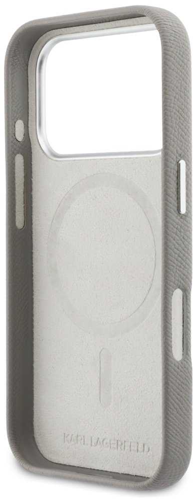 Karl Lagerfeld dėklas, skirtas IPHONE 17 Pro Max, suderinamas su MagSafe KLHMP17X6PFKCLG (PU FW W/ K&C galvutės smeigtuku), pilka