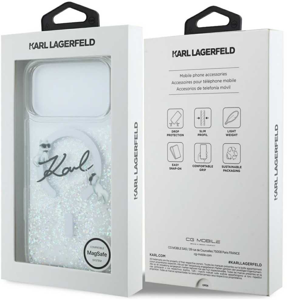 „Karl Lagerfeld“ skysto blizgučio „Karl Script“ logotipo „MagSafe“ dėklas, skirtas „iPhone 17 Pro Max“ – skaidrus