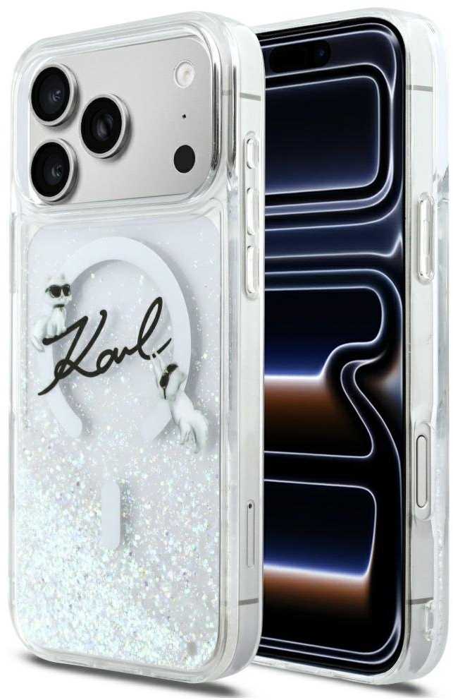 „Karl Lagerfeld“ skysto blizgučio „Karl Script“ logotipo „MagSafe“ dėklas, skirtas „iPhone 17 Pro Max“ – skaidrus