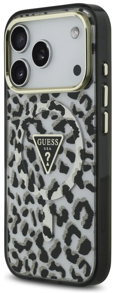 „Guess“ leopardo rašto blizgučių rašto „MagSafe“ dėklas, skirtas „iPhone 17 Pro Max“ – Juodas