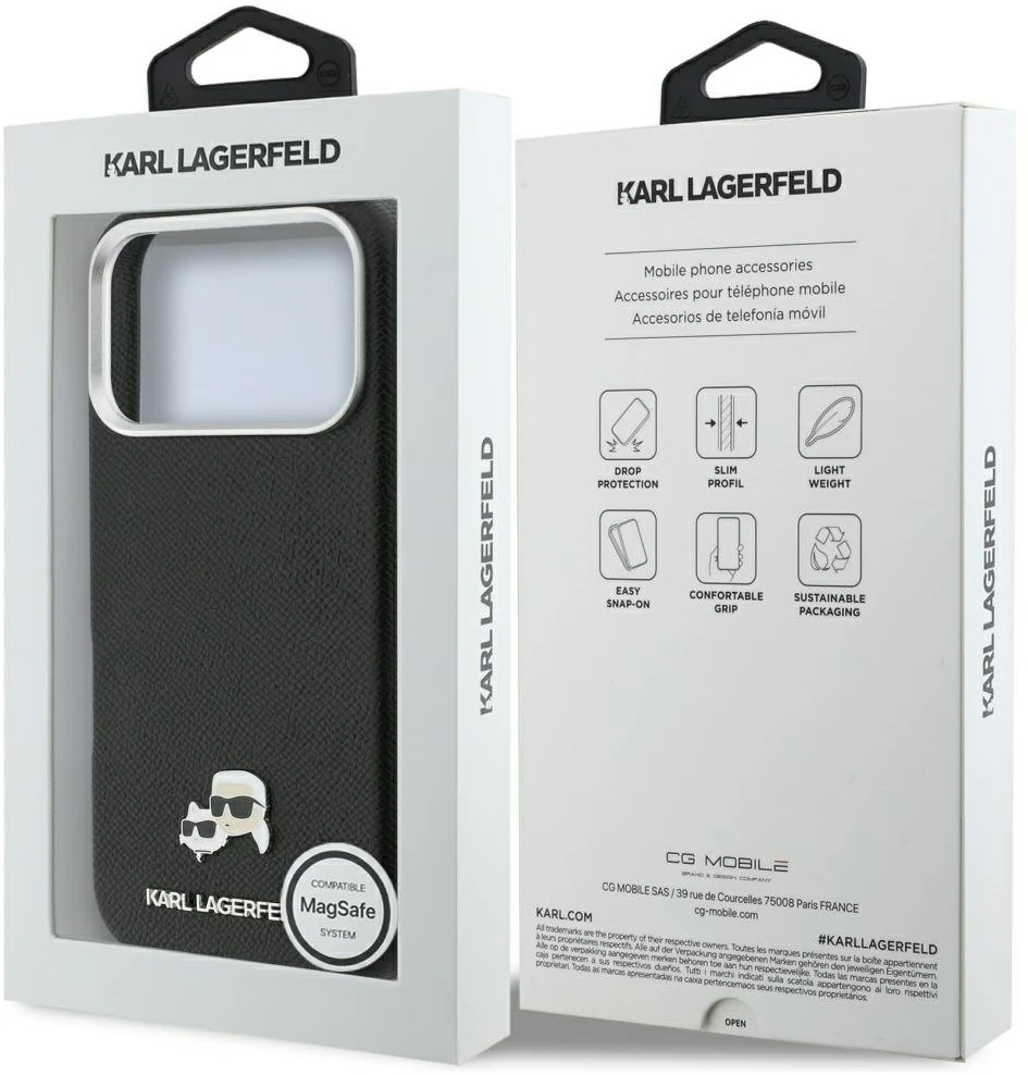 „Karl Lagerfeld Karl & Choupette Head Pins Saffiano MagSafe“ dėklas, skirtas „iPhone 17 Pro Max“ - Juodas