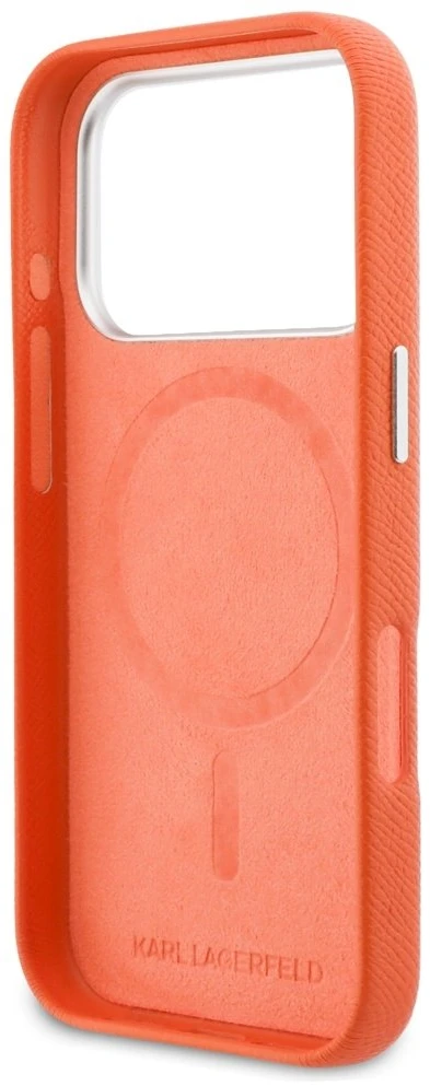 Karl Lagerfeld dėklas, skirtas IPHONE 17 Pro, suderinamas su MagSafe KLHMP17L6PFKCLO (PU FW W/ K&C Head Pin), oranžinis