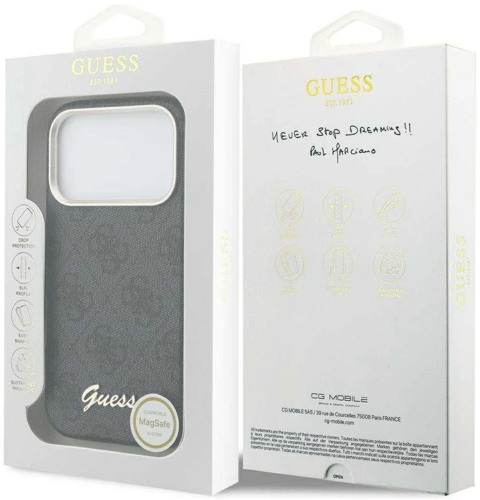GUESS dėklas, skirtas IPHONE 17 Pro, suderinamas su MagSafe GUHMP17L5P4FWMSK (PU FW 4G Script) juodas