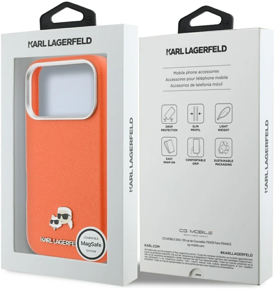 Karl Lagerfeld dėklas, skirtas IPHONE 17 Pro, suderinamas su MagSafe KLHMP17L6PFKCLO (PU FW W/ K&C Head Pin), oranžinis