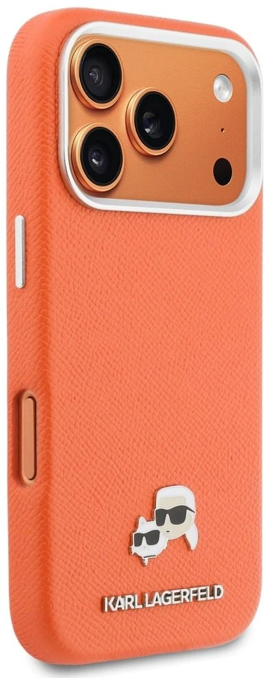 Karl Lagerfeld dėklas, skirtas IPHONE 17 Pro, suderinamas su MagSafe KLHMP17L6PFKCLO (PU FW W/ K&C Head Pin), oranžinis