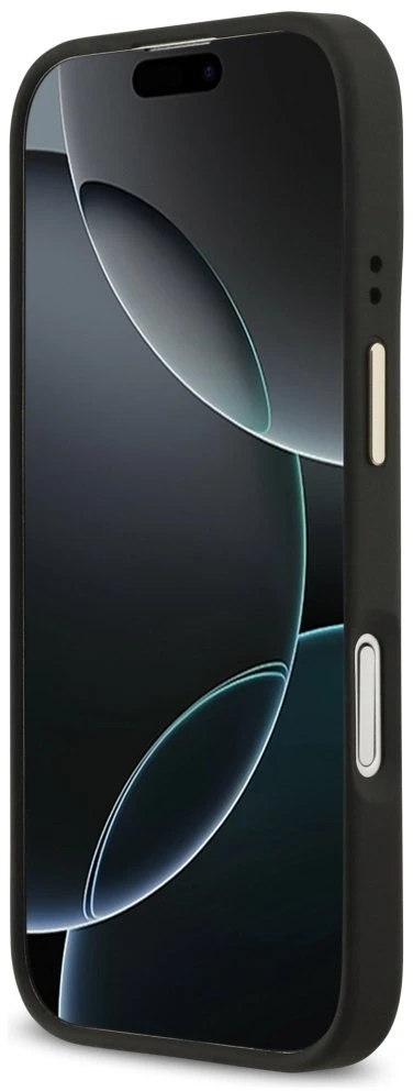 GUESS dėklas, skirtas IPHONE 17, suderinamas su MagSafe GUHMP17SPG4SEMCK (PU su 4G juostele), juodas
