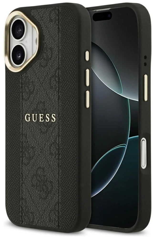 GUESS dėklas, skirtas IPHONE 17, suderinamas su MagSafe GUHMP17SPG4SEMCK (PU su 4G juostele), juodas