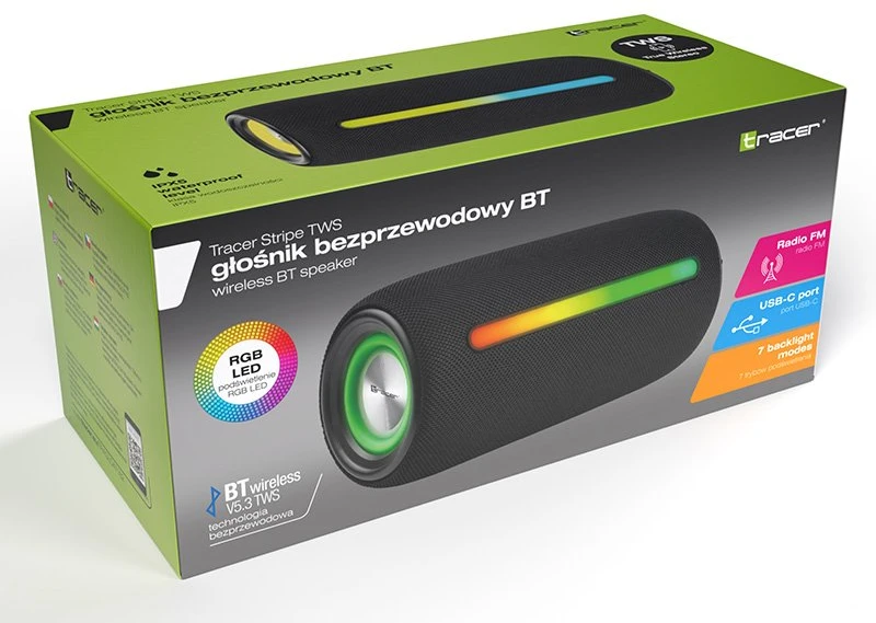 Nešiojama kolonėlė Tracer Stripe TWS Bluetooth RGB, Juoda