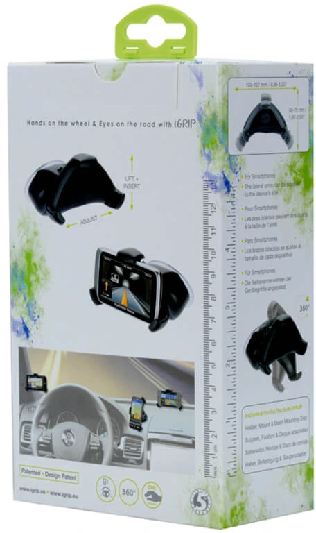 „iGrip Universal Smart Grip´R“ rinkinys – universalus automobilinis laikiklis, skirtas 50–75 mm pločio ir 103–127 mm aukščio įrenginiams.