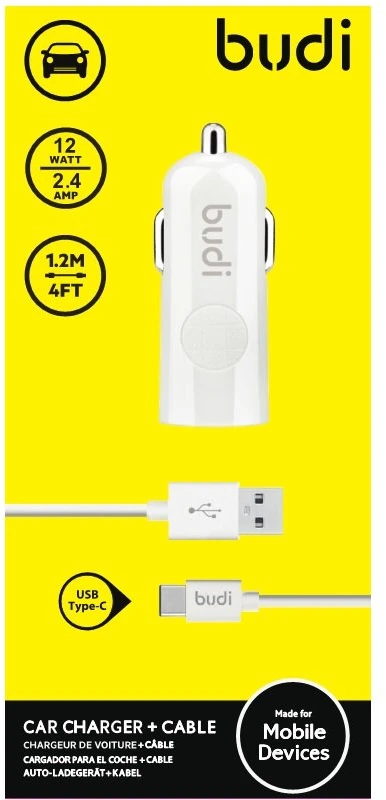 Budi - 1 USB automobilinis įkroviklis su LED indicator+USB type C cable